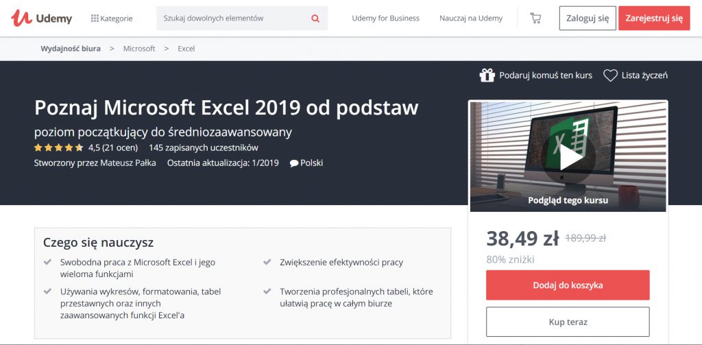 Udemy - poznaj Microsoft Excel od podstaw