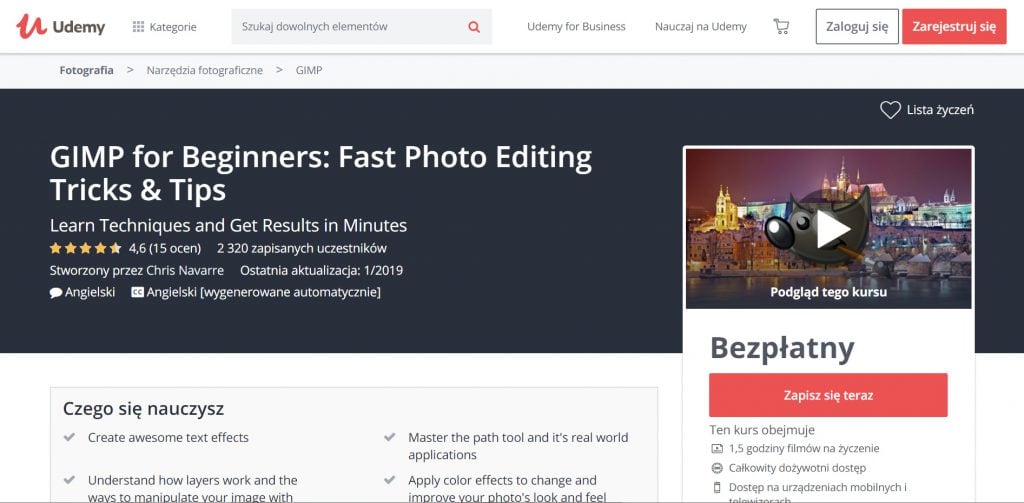 GIMP dla początkujących na platformie Udemy